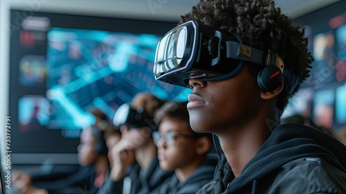 A student wearing virtual reality (VR) headsets is fully immersed in an interactive learning experience in a high-tech classroom setting.