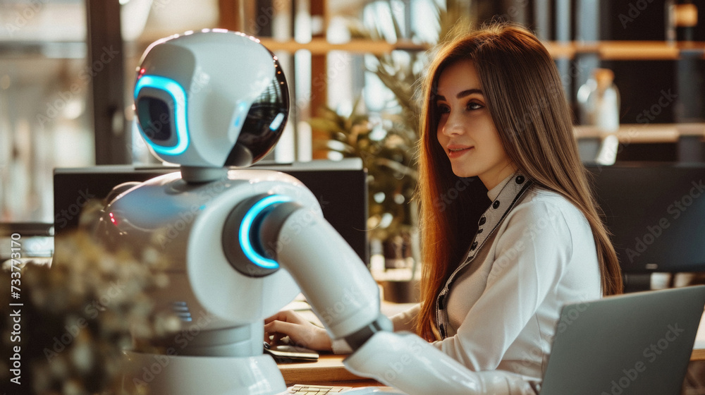 Beautiful young woman sitting at the table and working with a robot . Beautiful young woman sitting at the table and working with a robot .
