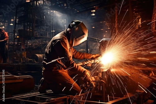 Two welders in working coverall are working on pipe welding. Two handymen welding and grinding at their workplace plant they wear a protective helmet and equipment. Industry steel work © m