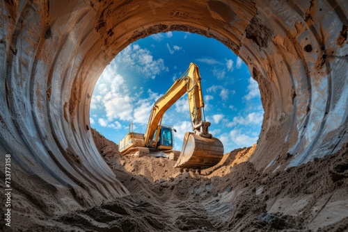 A powerful caterpillar excavator digs the ground against the blue sky. View from a large concrete pipe photo