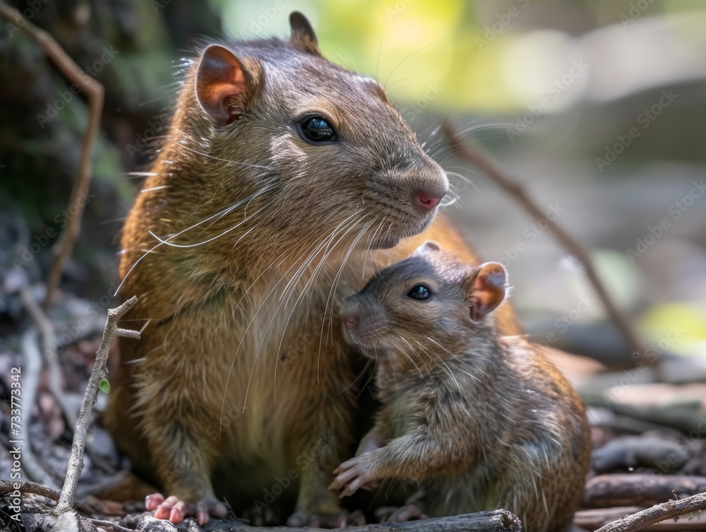 Agouti with its young in a tropical forest. Agouti with its young in a tropical forest.