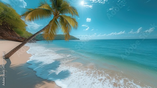 Beautiful beach with bright blue sea  sunshine with palm tree. Generative AI.