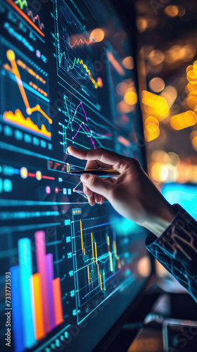 Close up of businessman hand touching virtual panel with forex chart on it
