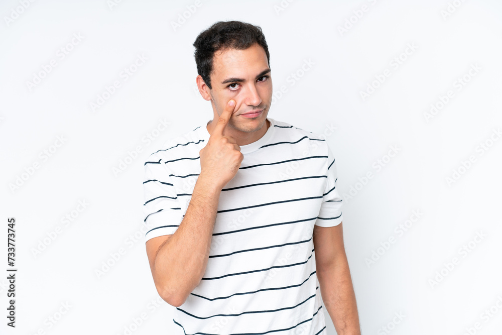Young caucasian man isolated on white background showing something Young caucasian man isolated on white background showing something