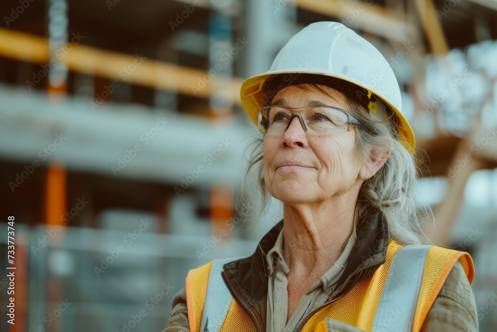 Woman working on a construction site, construction hard hat and work vest, smirking, middle aged or older Woman working on a construction site, construction hard hat and work vest, smirking, middle aged or older