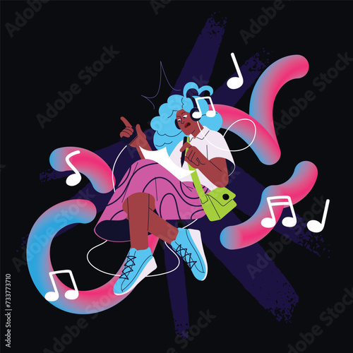 Young woman listening to music with headphones. Happy girl in earphones with smartphone composes, writes pop songs. Creative character holds audio sound player. Flat isolated vector illustration