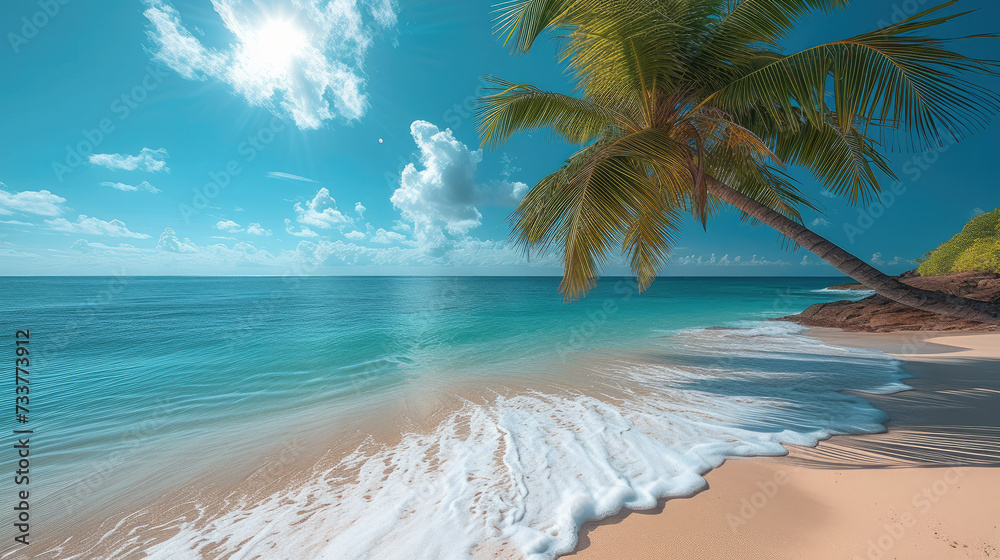 Beautiful beach with bright blue sea, sunshine with palm tree. Generative AI.