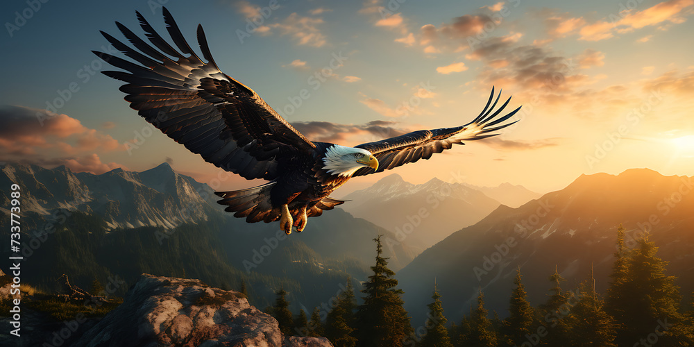 Bald Eagle in flight with mountains in the background. 3d render - obrazy, fototapety, plakaty 