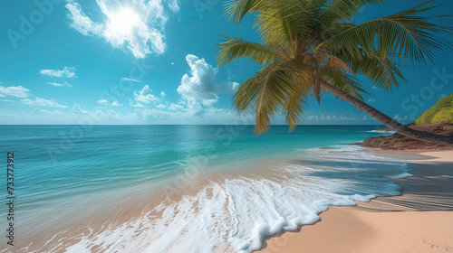 Beautiful beach with bright blue sea, sunshine with palm tree. Generative AI. © visoot