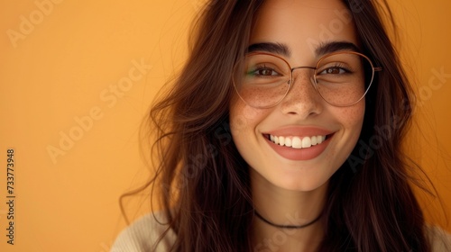 Young woman with long brown hair wearing glasses smiling against a warm orange background.
