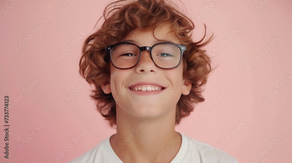 Smiling young boy with glasses and curly hair against pink background.