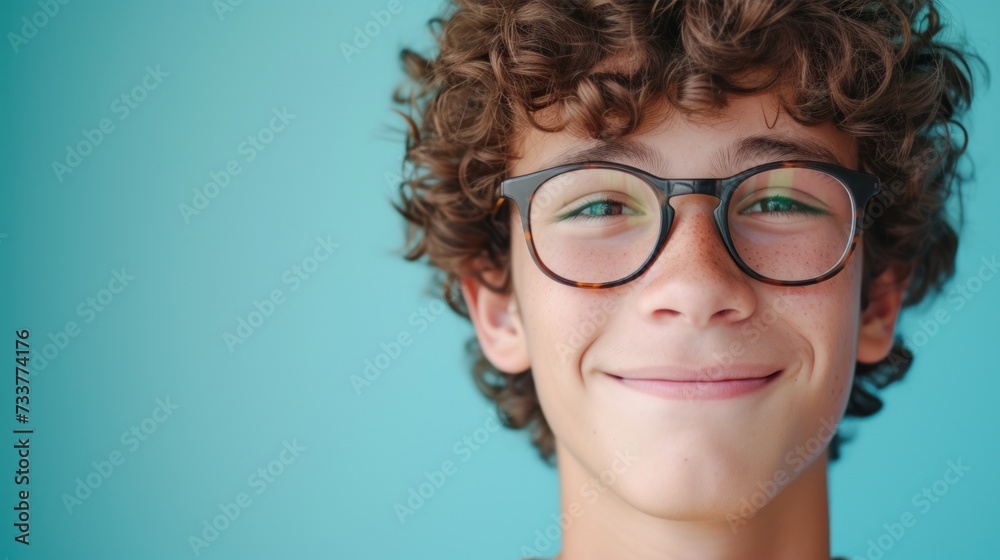 Young man with curly hair and glasses smiling against a blue background.