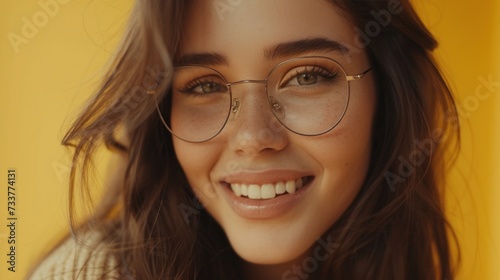 A close-up of a smiling woman with glasses featu ring a soft focus background in a warm yellow tone.