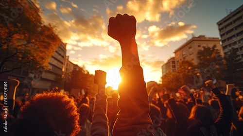 Backlit silhouettes of a diverse group of individuals raising their fists in solidarity against an urban skyline at sunset. photo