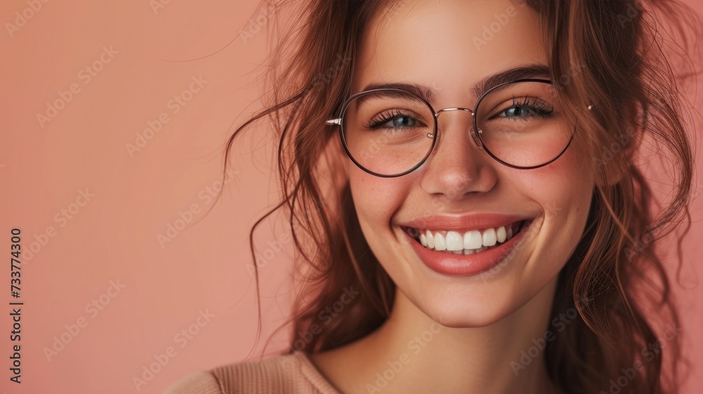 A young woman with a radiant smile wearing round glasses and her hair styled in loose waves against a soft pink background. A young woman with a radiant smile wearing round glasses and her hair styled in loose waves against a soft pink background.