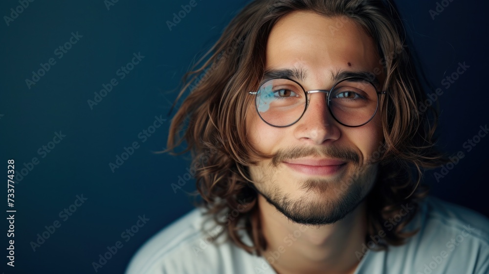A young man with long curly hair wearing glasses smiling at the camera with a blue background.
