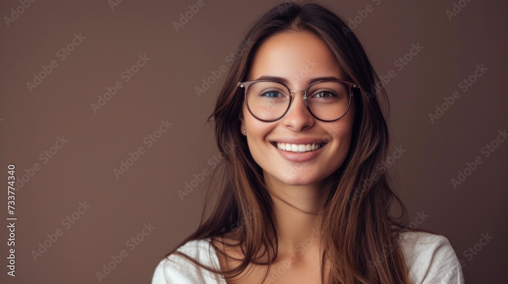 Smiling woman with glasses and long brown hair against a neutral background. Smiling woman with glasses and long brown hair against a neutral background.