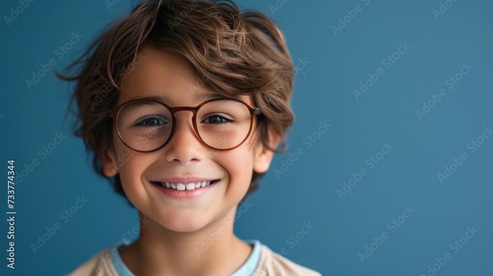 Obraz premium Smiling young boy with glasses and curly hair against blue background.