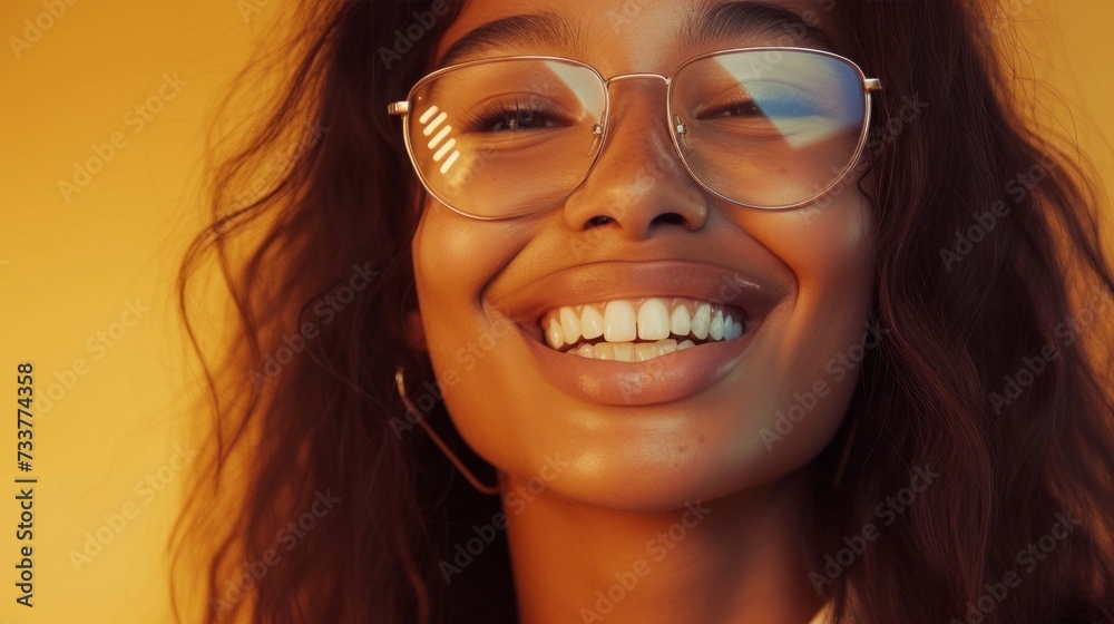 Smiling woman with glasses and hoop earrings against warm yellow background. Smiling woman with glasses and hoop earrings against warm yellow background.