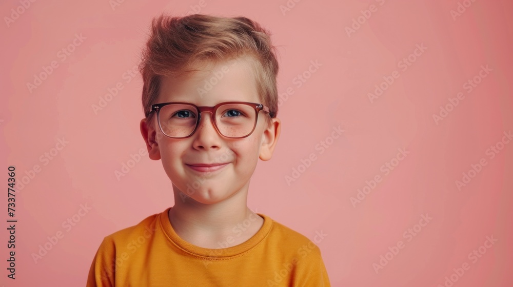Young boy with glasses wearing a bright orange shirt smiling against a pink background.