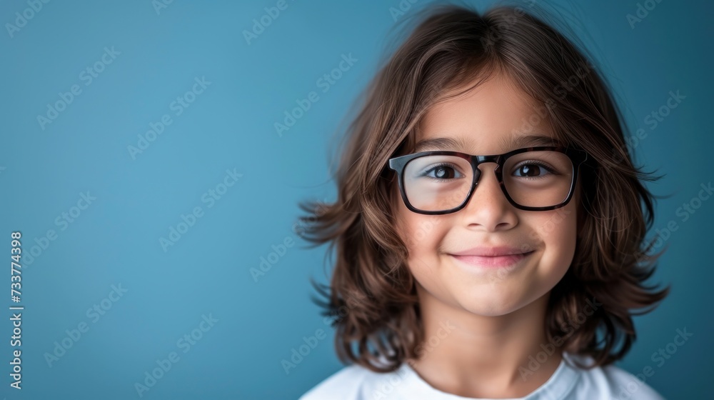 Young child with glasses smiling against a blue background. Young child with glasses smiling against a blue background.