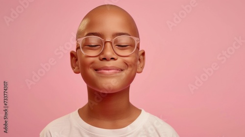 A young child with a bald head wearing glasses smiling with eyes closed against a pink background.