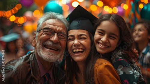A graduate's family, diverse generations, close together, laughing and celebrating. Background: graduation decorations, blurred. Created Using: family photography,