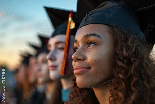 A graduate's family, diverse generations, close together, laughing and celebrating. Background: graduation decorations, blurred. Created Using: family photography,