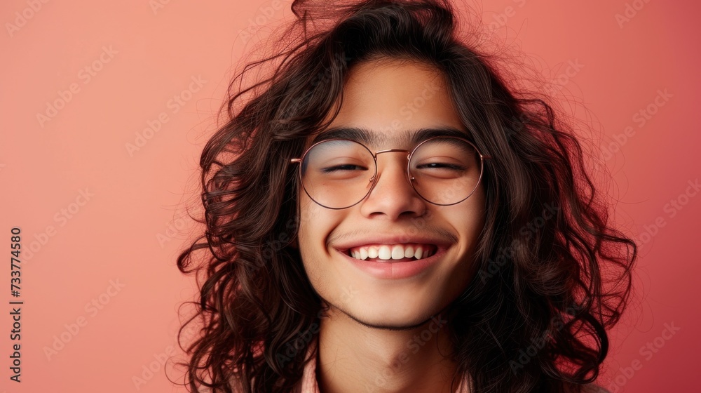 Young man with curly hair and glasses smiling broadly against a pink background. Young man with curly hair and glasses smiling broadly against a pink background.