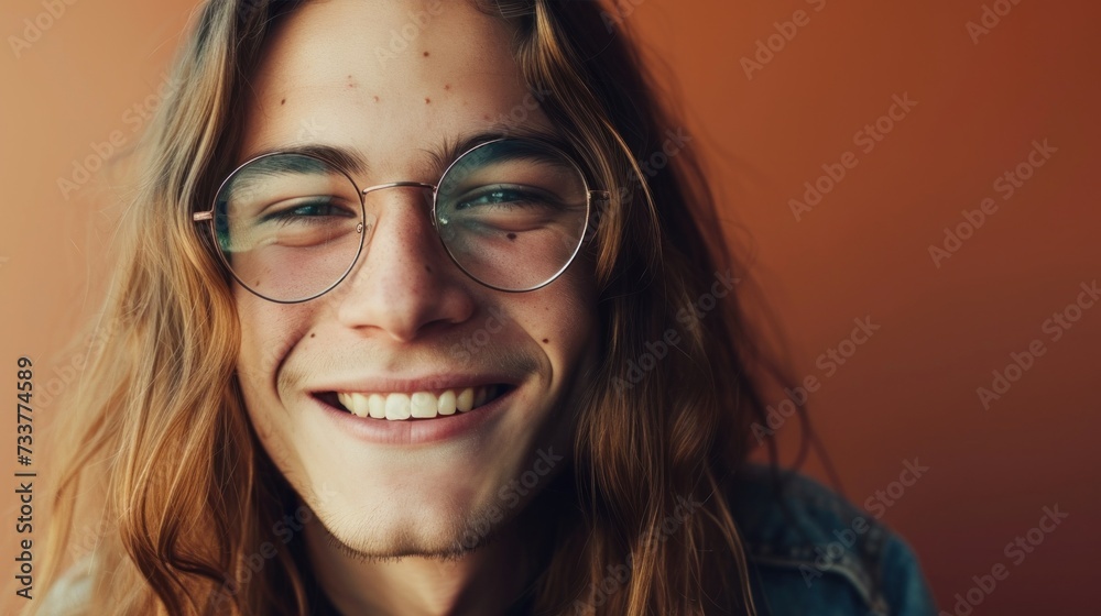 Smiling young man with long hair and glasses against a warm orange background. Smiling young man with long hair and glasses against a warm orange background.