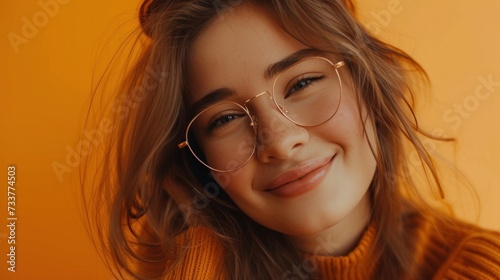 A young woman with glasses smiling at the camera wearing an orange sweater against a yellow background.
