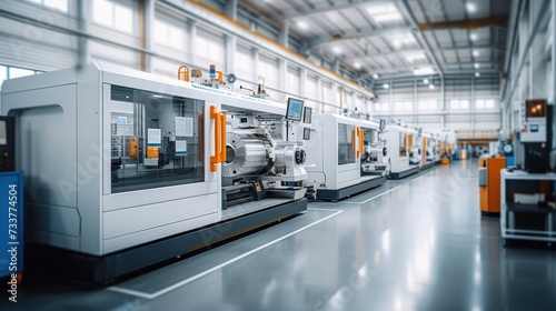 Modern production hall with CNC milling machines in a bright an friendly environment. Generative AI. photo