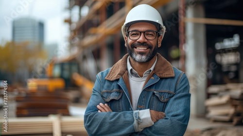 A contractor in construction smiles confidently. He is standing with his arms folded in front of a building in construction. Generative AI. photo