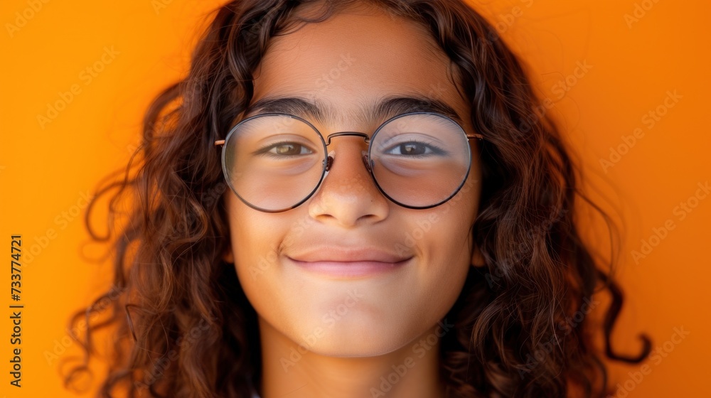 A young person with curly hair and glasses smiling against an orange background. A young person with curly hair and glasses smiling against an orange background.