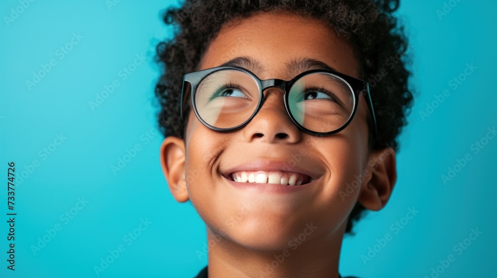 Smiling young boy with glasses looking up.