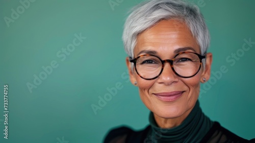 Smiling woman with short gray hair wearing glasses and a black turtleneck against a teal background.