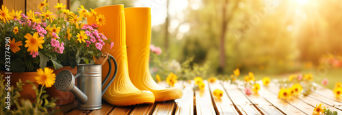 Rubber boots, gardening tools and spring flowers on the wooden terrace in the spring garden. photo