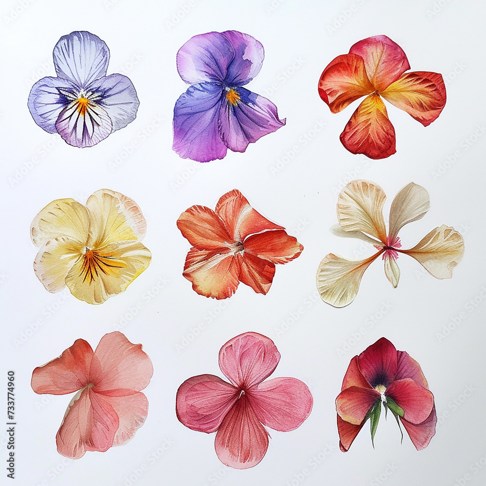 various watercolour flower petals top down
