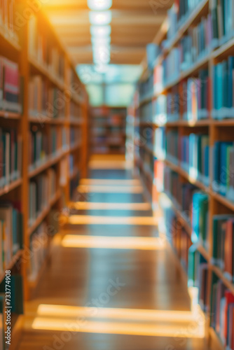 Abstract blurred public library interior space. Blurry room with bookshelves by defocused effect. © MNStudio