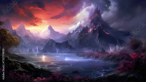 Fantasy landscape with mountains and lake. Digital painting style