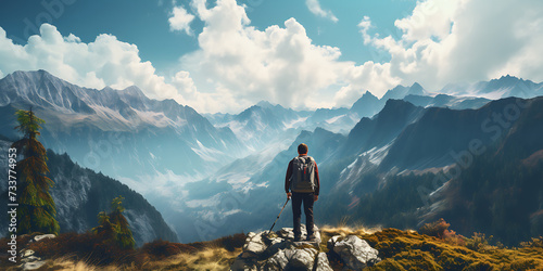 Hiker with a backpack on the trail in the mountains. 3d rendering photo