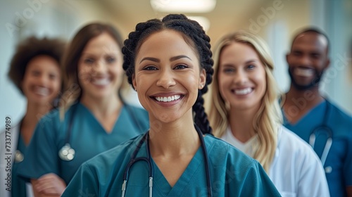 A confident and smiling female medical professional wearing a stethoscope, representing trust and expertise in the healthcare industry. photo