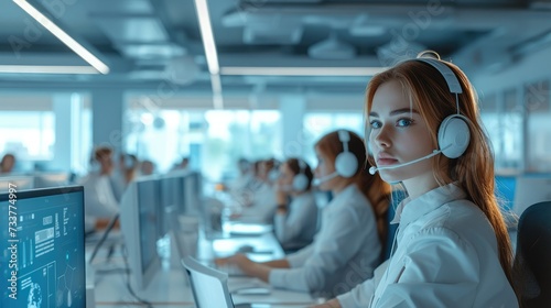 Call center with futuristic design with human AI assisted employees, showcasing the next generation of customer service. Generative AI.