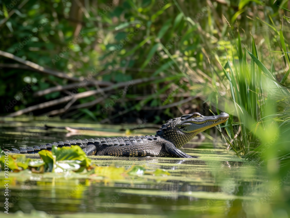 An alligator lurks on the riverbank. Waiting for its prey. An alligator lurks on the riverbank. Waiting for its prey.