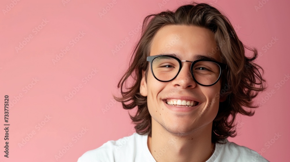 Young man with glasses and curly hair smiling against a pink background.