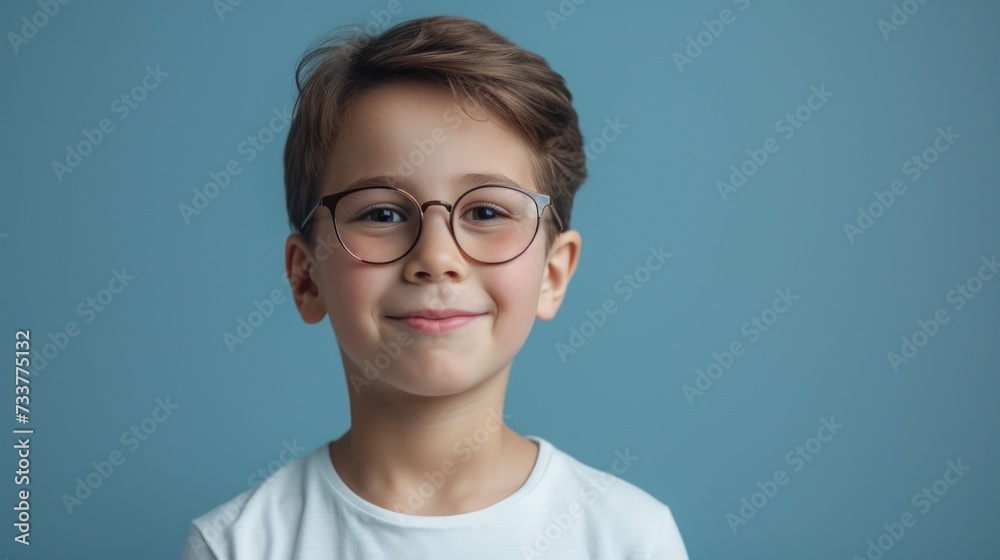 A young boy with glasses smiling at the camera wearing a white shirt against a blue background.