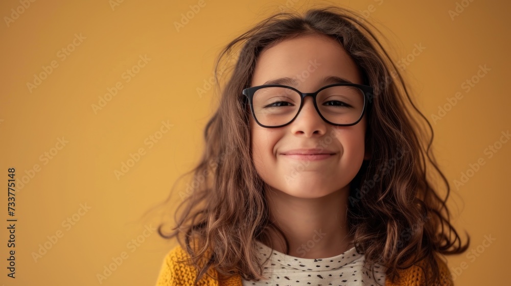 Young girl with glasses and curly hair smiling against a yellow background.