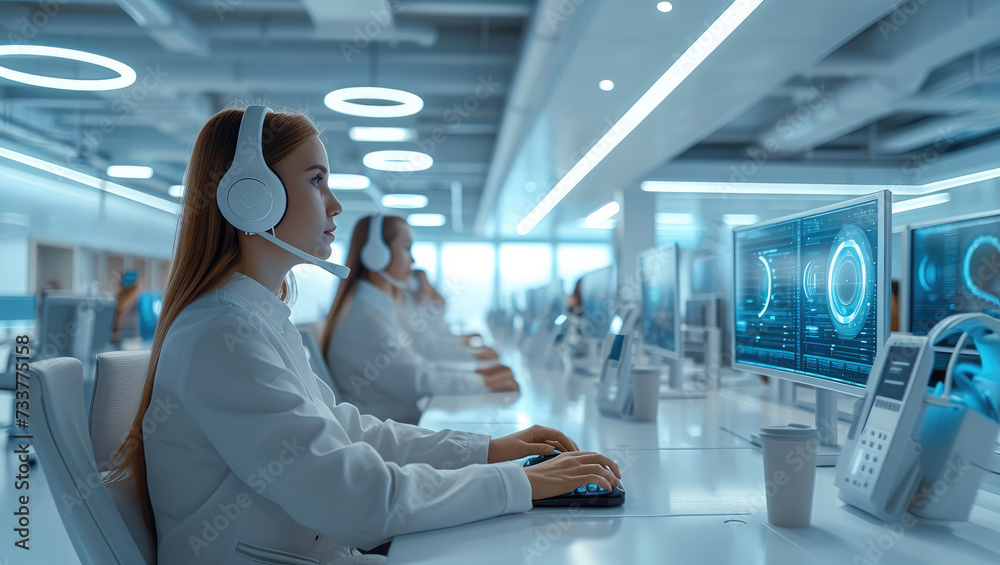 Call center with futuristic design with human AI assisted employees ...