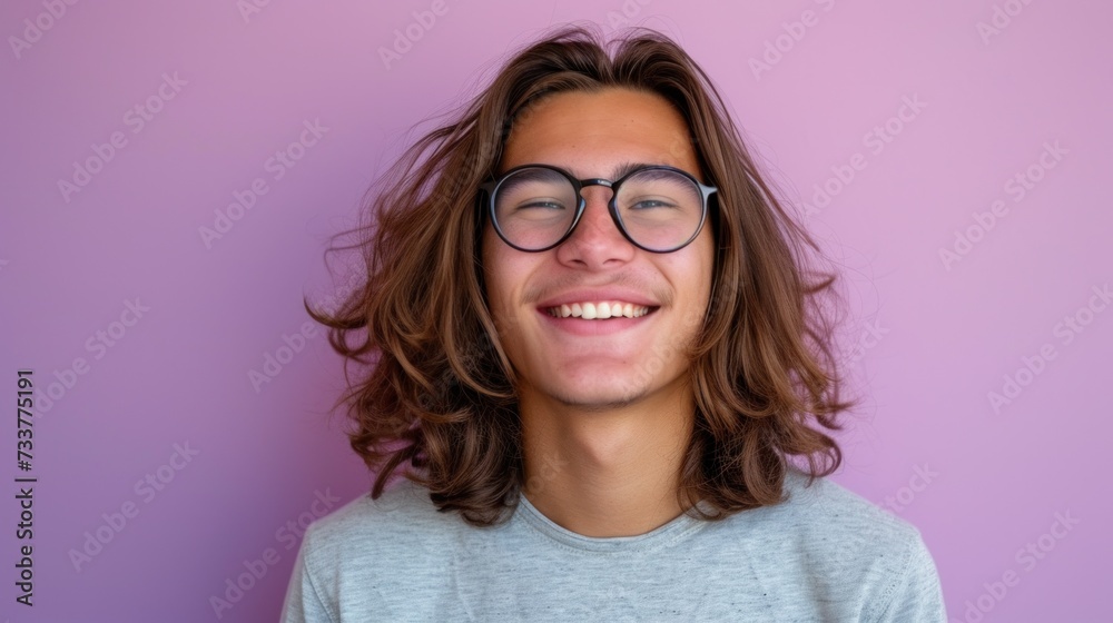 Young man with long curly hair wearing glasses smiling and dressed in a gray t-shirt against a pink background.