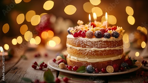 A festive sponge cake adorned with fresh berries  a lit candle  and dusting of powdered sugar  set against a backdrop of warm  glowing lights.